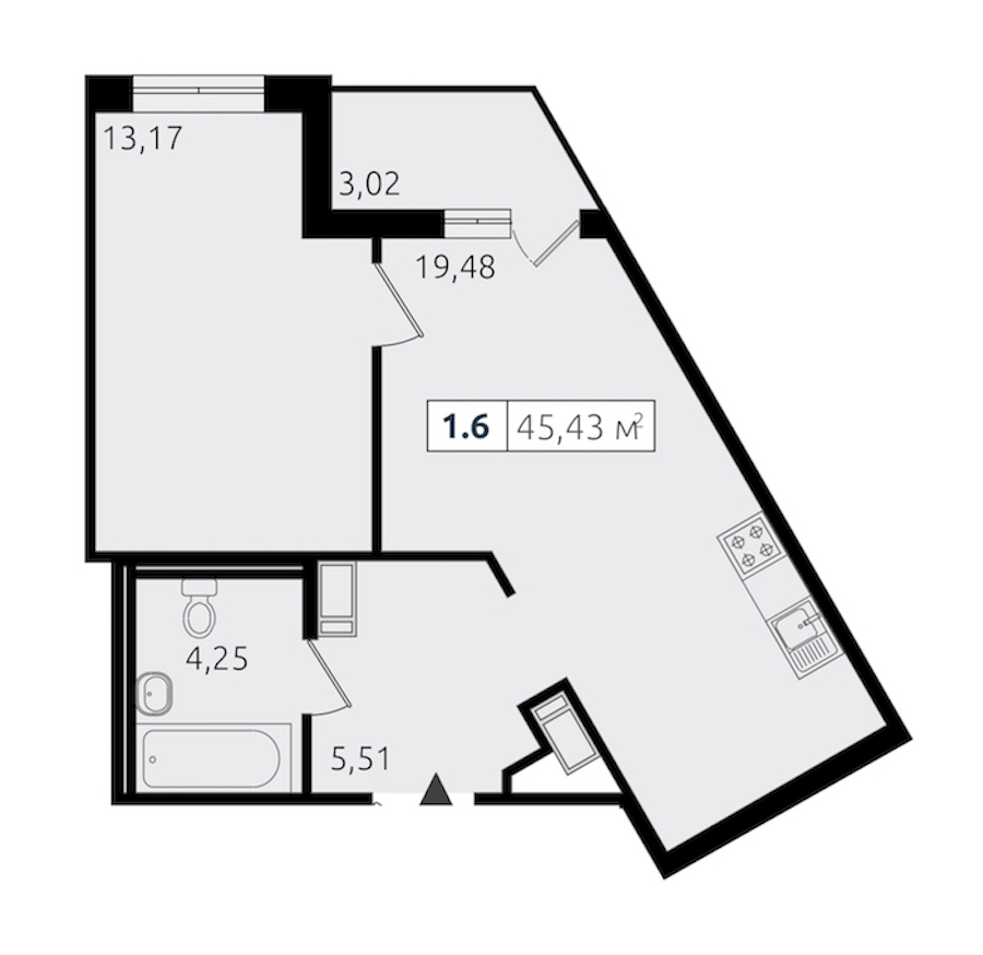 1-комнатная квартира 42.41 м², 12/14 эт., ЖК «Чёрная речка»